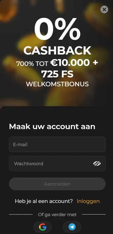 Mobiel registratieformulier van SpinStar met velden voor e-mail en wachtwoord, een aanmeldknop en inlogopties via Google en Telegram, tegen een achtergrond met een welkomstbonus van 700% tot €10.000 + 725 freespins